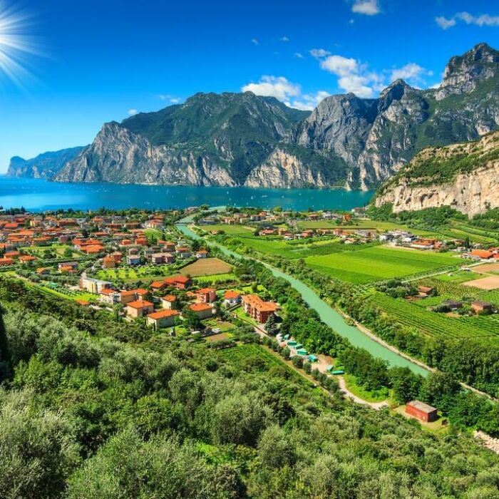 Lake Garda and Sarca river near Torbole town,Northern Italy,Europe
