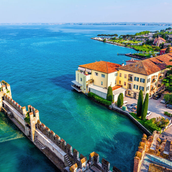 View of the Italian town of Sirmione and Lake Garda from the tower Scaliger